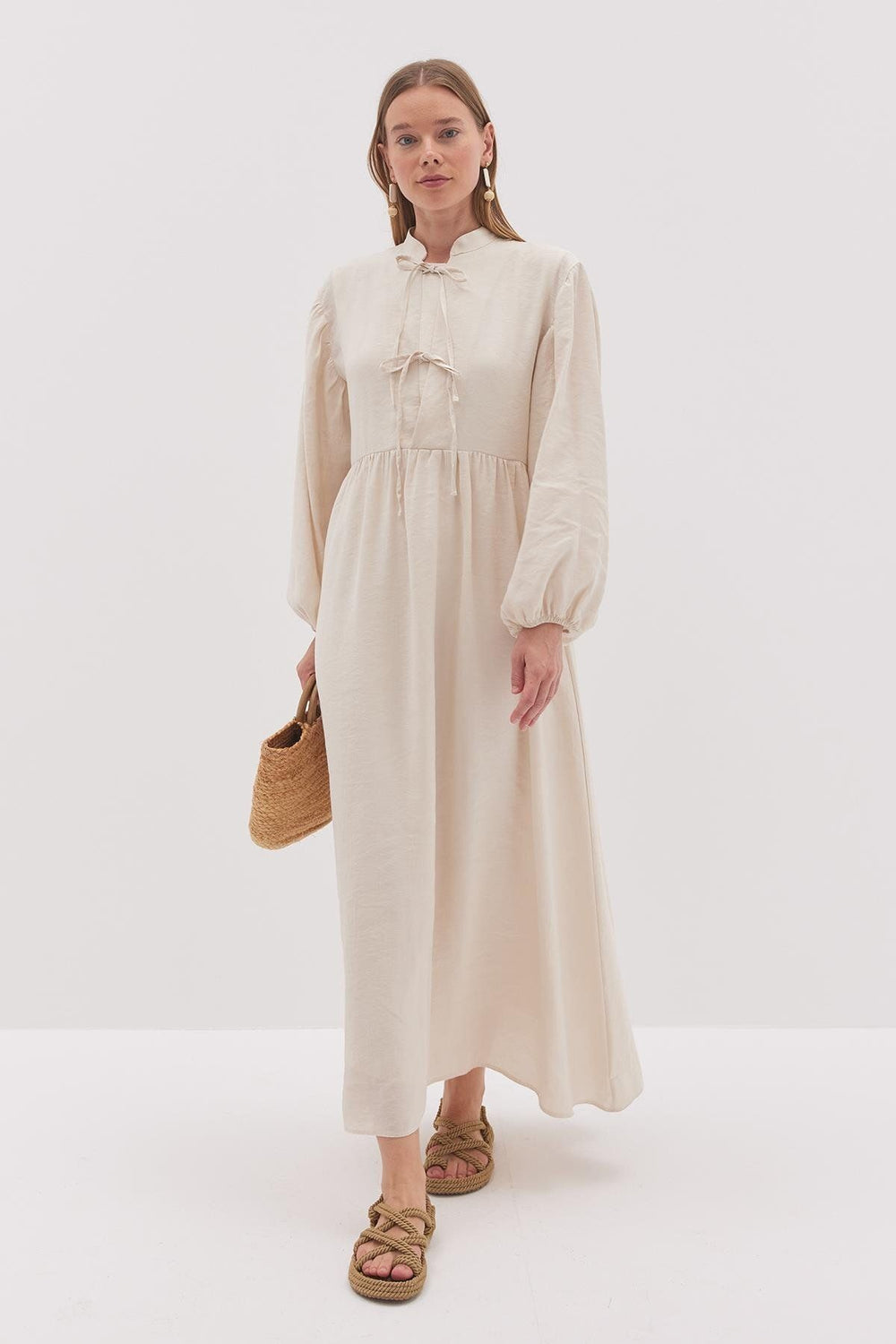 Lace-Up Modal Dress, Cream