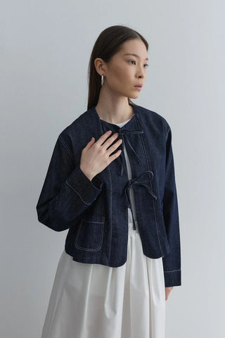 Bağlama Detaylı Kısa Denim Ceket Lacivert - Fahhar Design