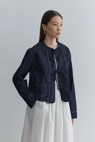 Bağlama Detaylı Kısa Denim Ceket Lacivert - Fahhar Design