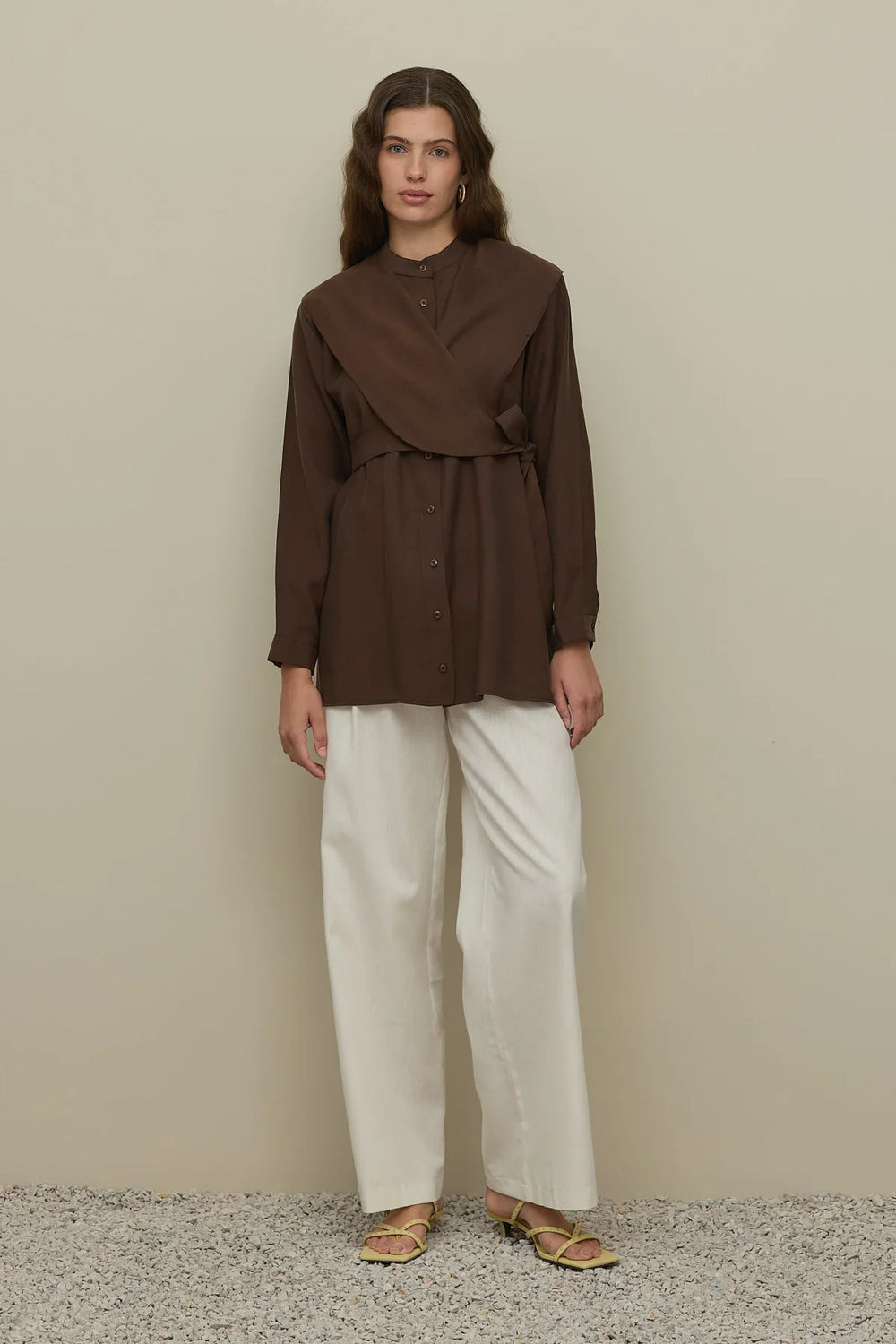 Tencel Shirt with Tie Detail Brown