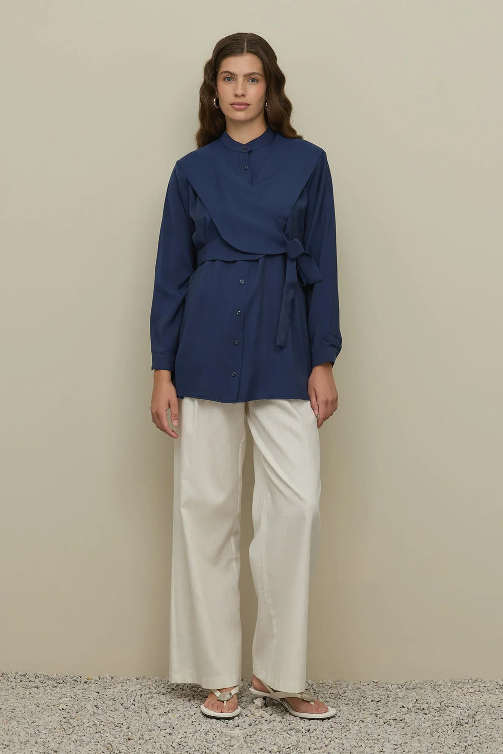 Tencel Shirt with Tie Detail Navy Blue