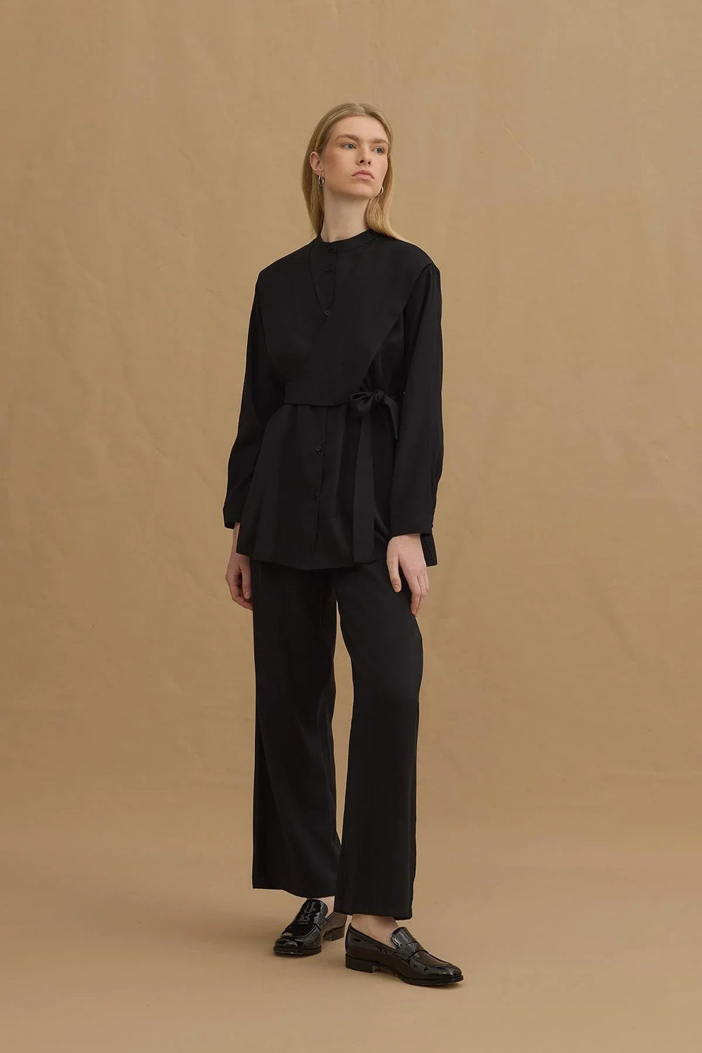 Tie Detail Tencel Shirt Black