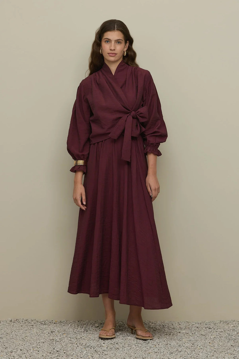 Tied Textured Blouse Burgundy