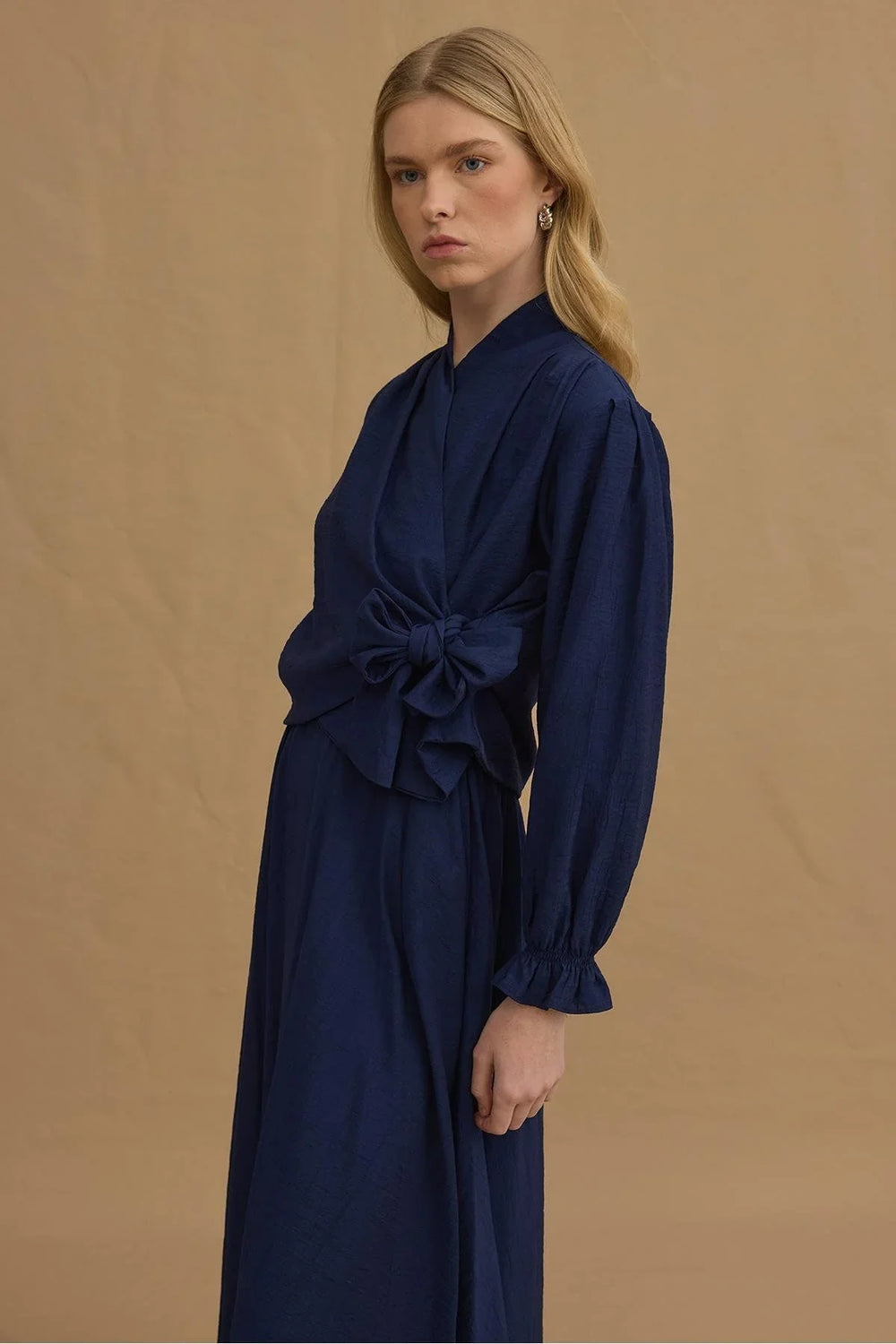Tied Textured Blouse Navy Blue