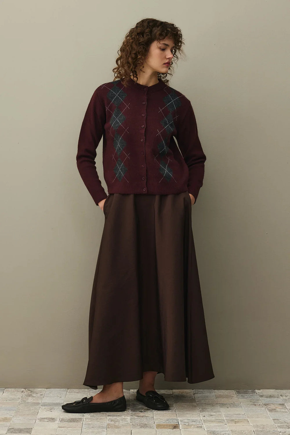 Diamond Patterned Cardigan, Burgundy