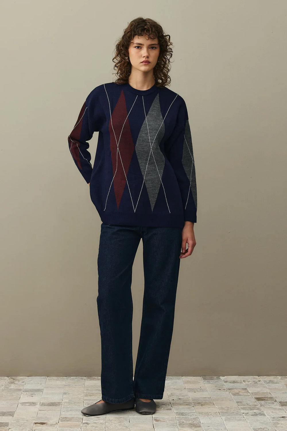 Oversized Checkered Sweater Navy Blue
