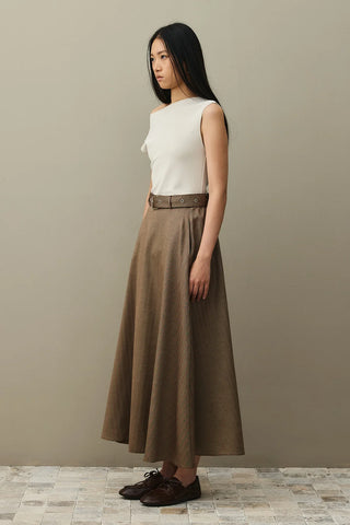 Herringbone Belted Skirt Brown