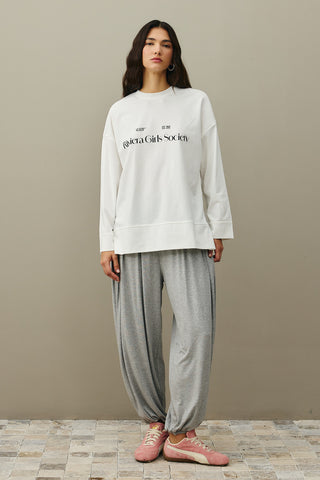 Baskılı Kalın Katlamalı Sweatshirt Ekru