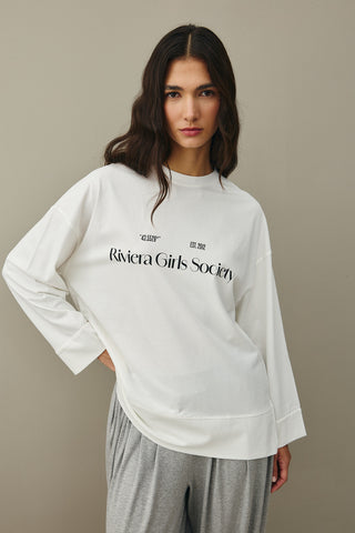 Baskılı Kalın Katlamalı Sweatshirt Ekru