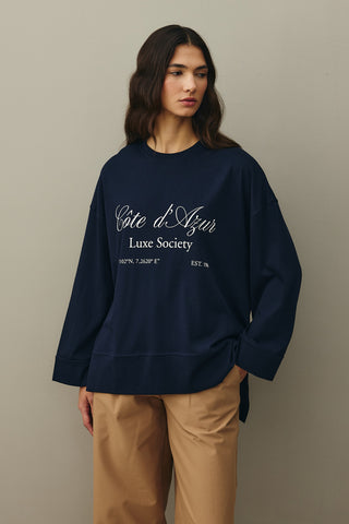 Baskılı Kalın Katlamalı Sweatshirt Lacivert