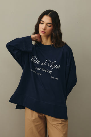 Baskılı Kalın Katlamalı Sweatshirt Lacivert