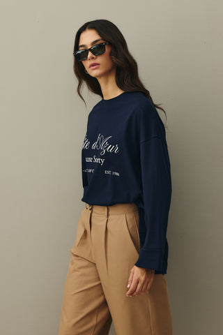 Baskılı Kalın Katlamalı Sweatshirt Lacivert