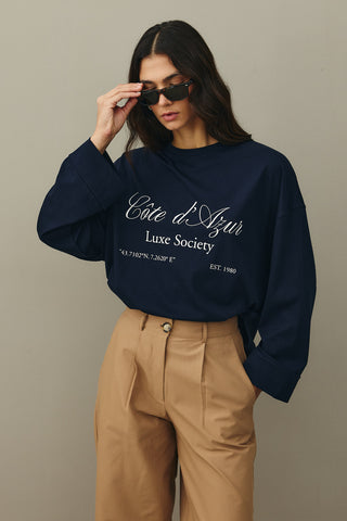 Baskılı Kalın Katlamalı Sweatshirt Lacivert