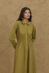 Beli Gipeli Vual Elbise Yağ Yeşili