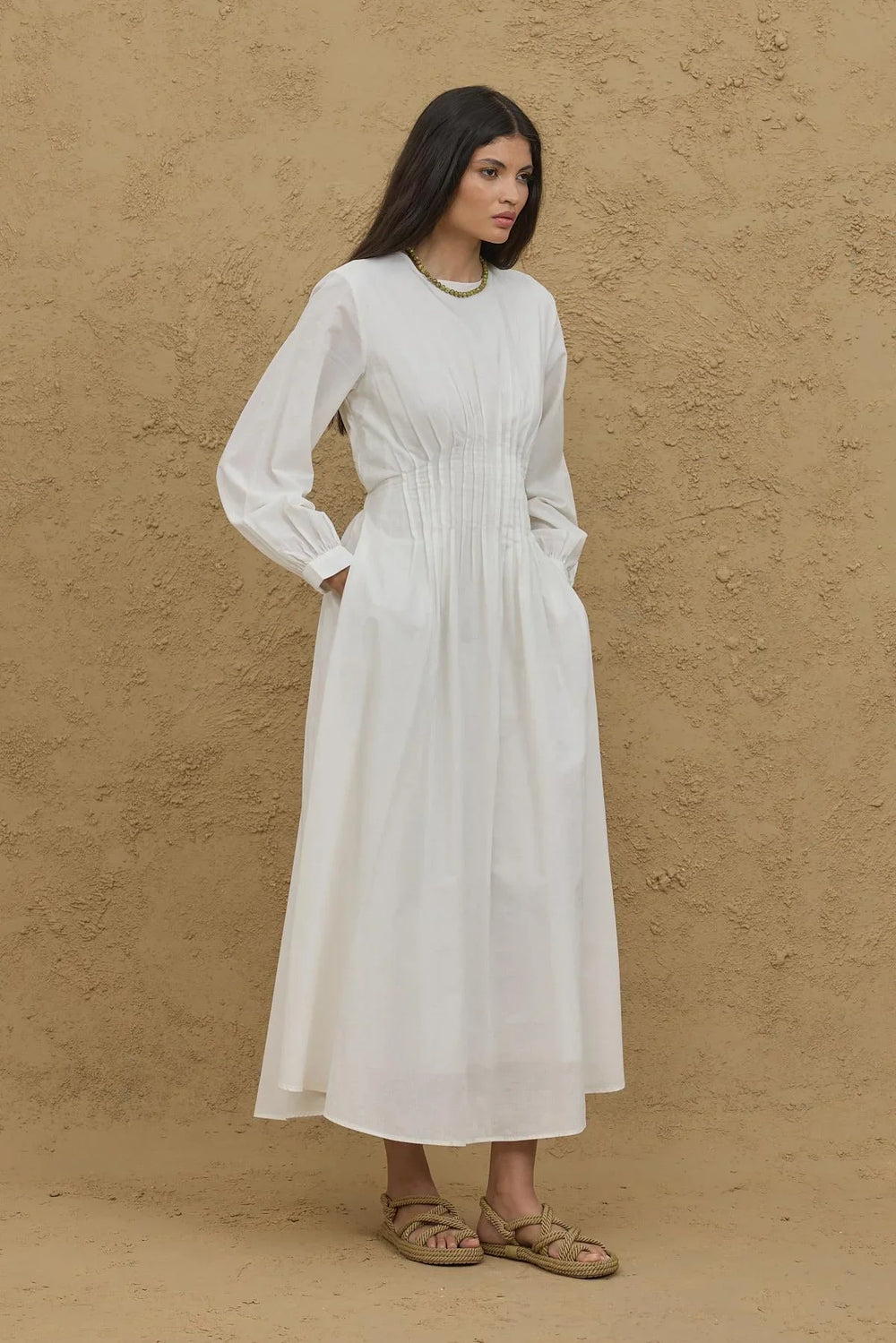 Ribbed Waist Dress in Ecru