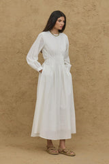 Beli Nervürlü Elbise Ekru