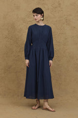 Beli Nervürlü Elbise Lacivert