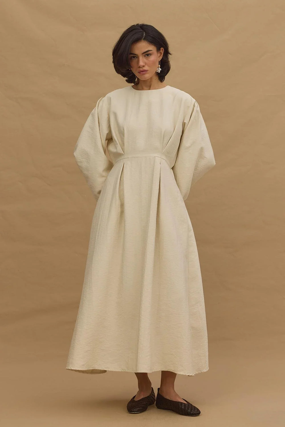 Pleated Waist Dress, Cream