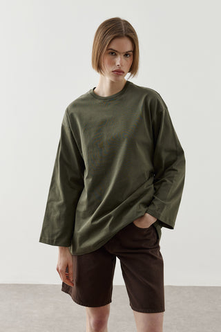 Biye Bağlamalı Basic Pamuk T-Shirt Haki