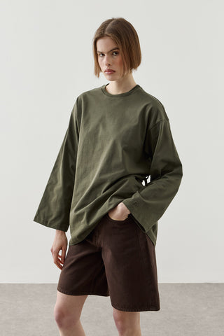 Biye Bağlamalı Basic Pamuk T-Shirt Haki