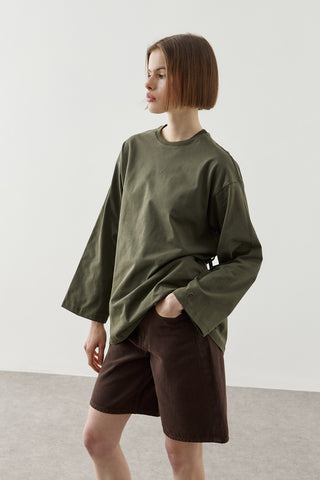 Biye Bağlamalı Basic Pamuk T-Shirt Haki
