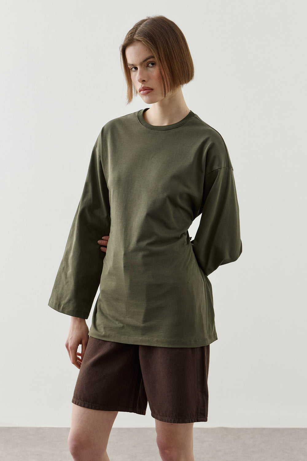 Biye Bağlamalı Basic Pamuk T-Shirt Haki