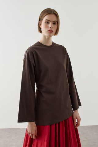 Biye Bağlamalı Basic Pamuk T-Shirt Kahverengi