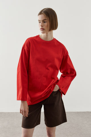 Biye Bağlamalı Basic Pamuk T-Shirt Kırmızı