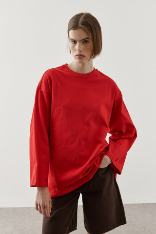 Biye Bağlamalı Basic Pamuk T-Shirt Kırmızı