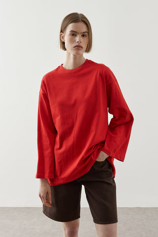 Biye Bağlamalı Basic Pamuk T-Shirt Kırmızı
