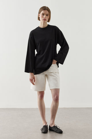 Biye Bağlamalı Basic Pamuk T-Shirt Siyah