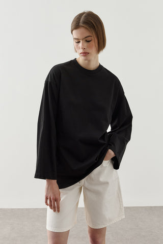 Biye Bağlamalı Basic Pamuk T-Shirt Siyah