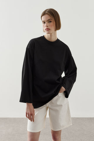 Biye Bağlamalı Basic Pamuk T-Shirt Siyah