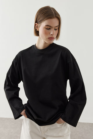 Biye Bağlamalı Basic Pamuk T-Shirt Siyah