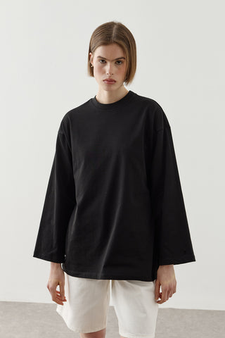 Biye Bağlamalı Basic Pamuk T-Shirt Siyah