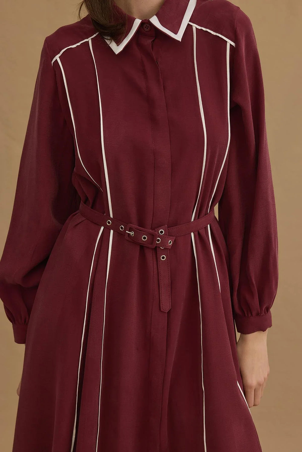 Burgundy Flowy Dress with Piping