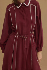 Biyeli Dökümlü Elbise Bordo