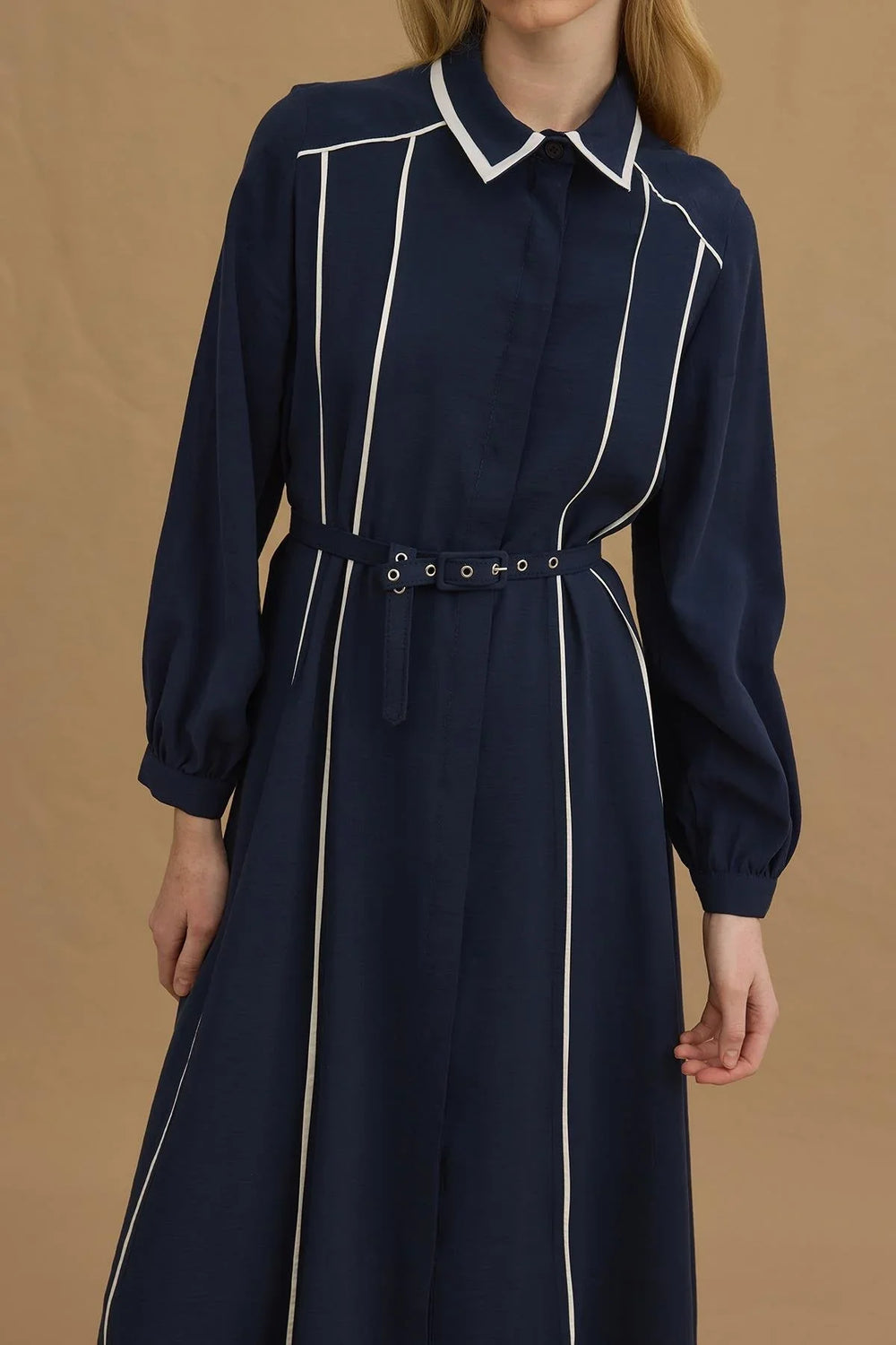 Flowy Dress with Piping Navy Blue