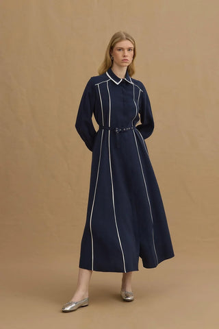 Biyeli Dökümlü Elbise Lacivert - Fahhar Design