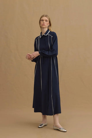 Biyeli Dökümlü Elbise Lacivert - Fahhar Design