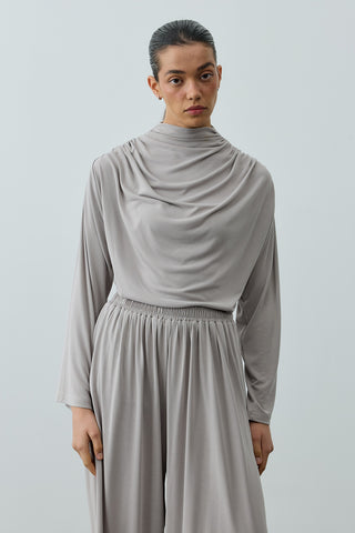 Bol Büzgülü Modal Pantolon Açık Gri