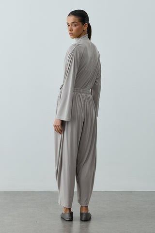 Bol Büzgülü Modal Pantolon Açık Gri