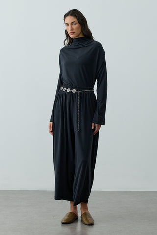 Bol Büzgülü Modal Pantolon Siyah