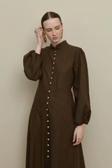 Britli Lyocell Keten Elbise Kahverengi