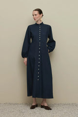 Britli Lyocell Keten Elbise Lacivert