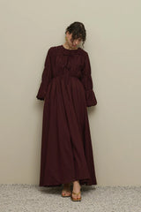 Büzgü Detaylı Biye Bağlı Elbise Bordo