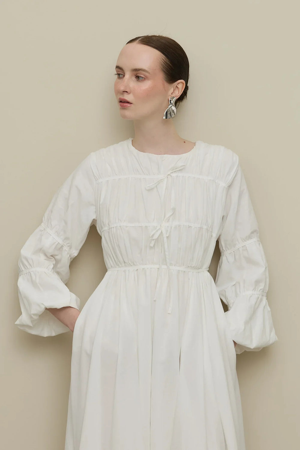 Ecru Dress with Gathered Detail
