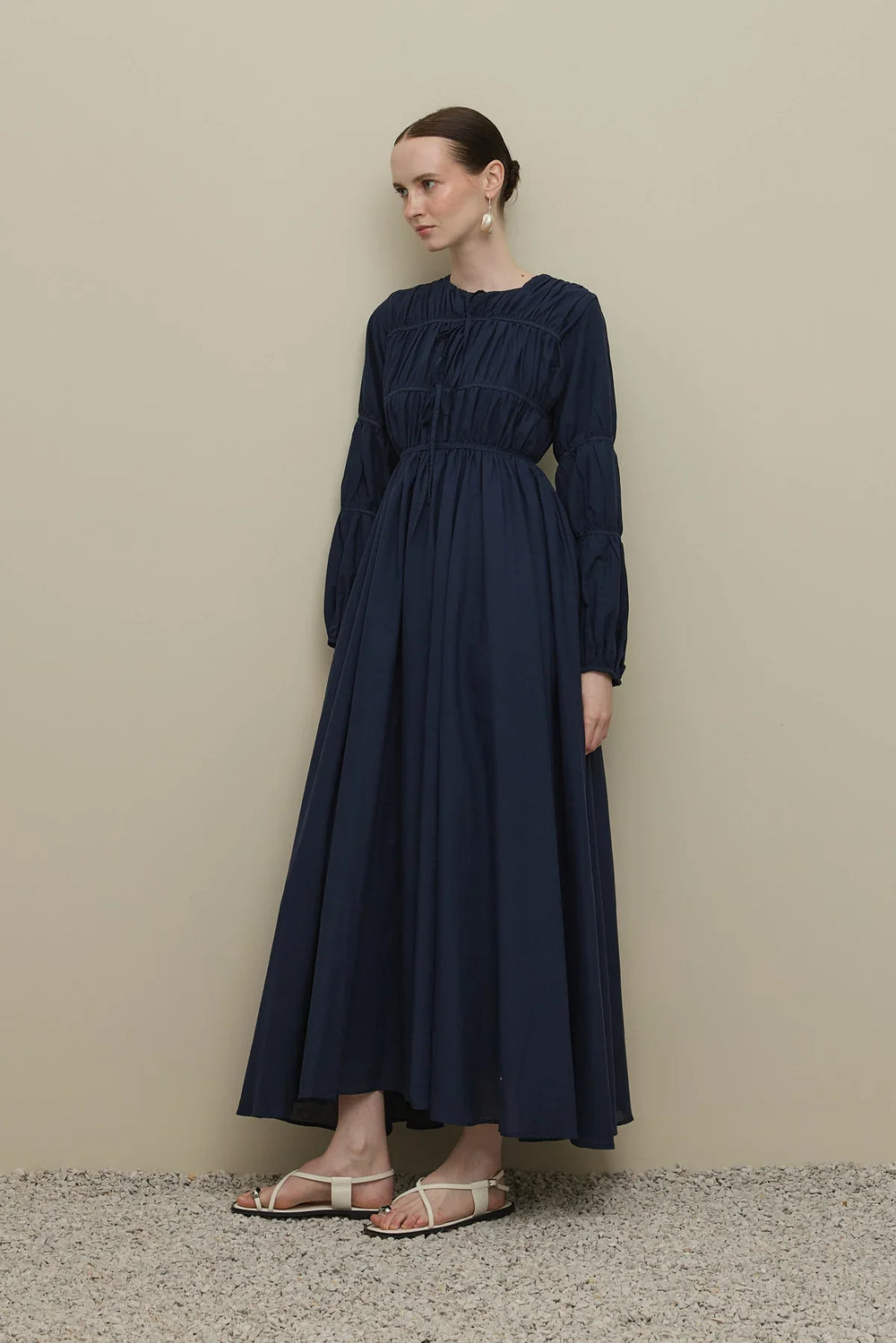 Navy Blue Dress with Gathered Detail and Piping