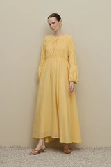 Büzgü Detaylı Biye Bağlı Elbise Sarı