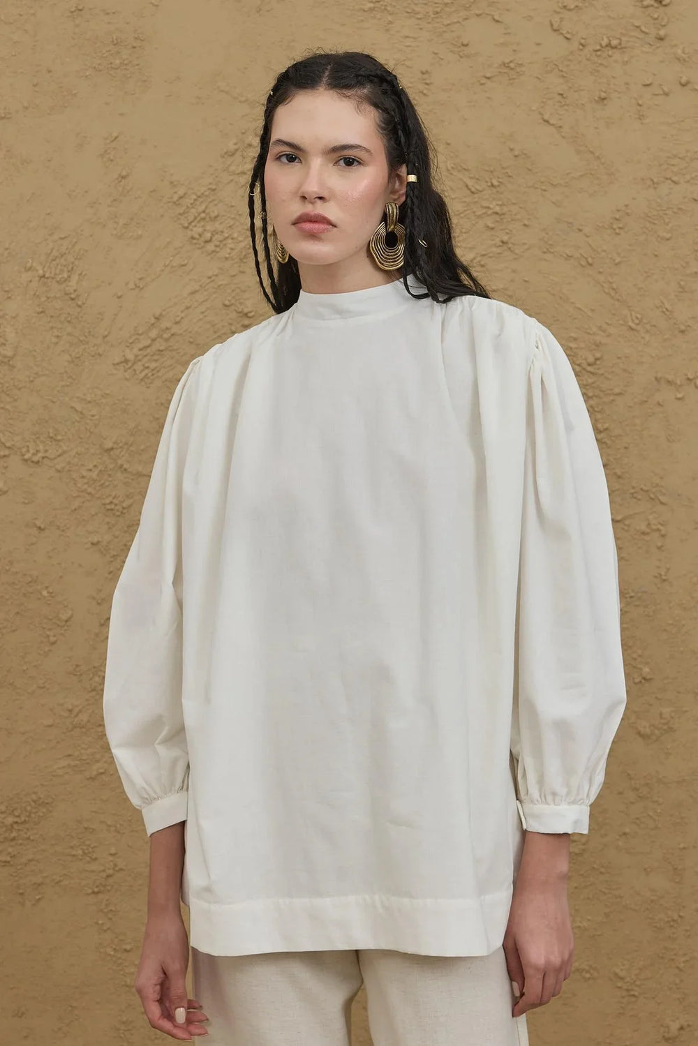 Shirt with Gathered Detail in Ecru